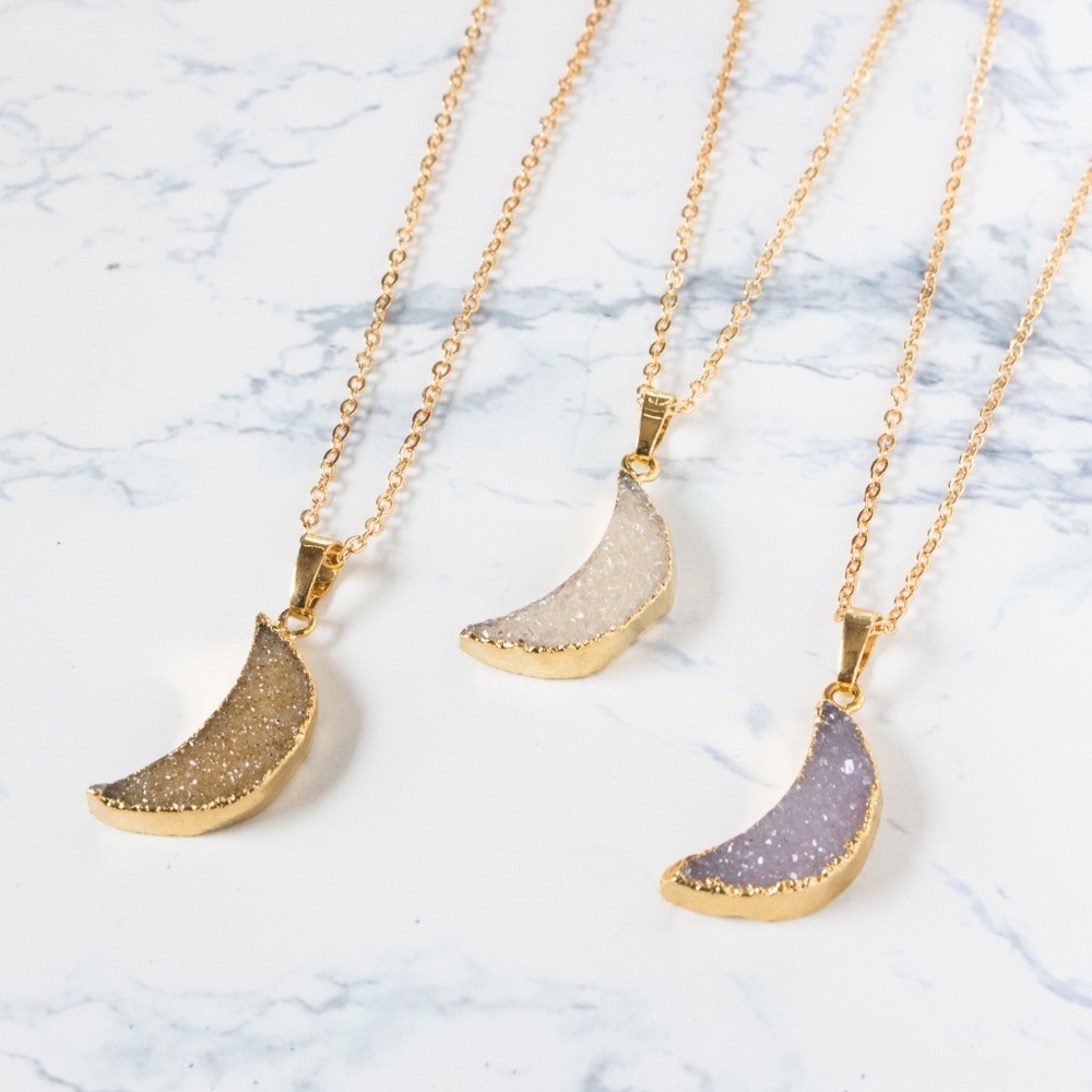 24k Gold Dipped Drusy Quartz Geode Moon Necklace - Picture 2 of 3